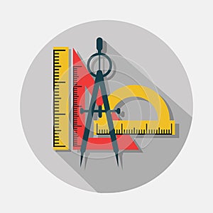 Compass and rulers icons with long shadow on gray background