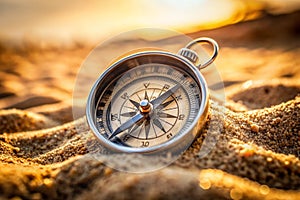 Compass on sand. Closeup of a compass laying on sand