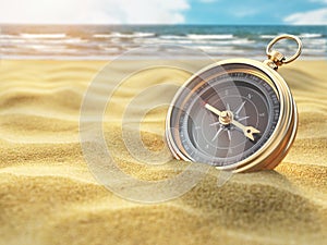 Compass on sea sand. Travel destination and navigation concept.