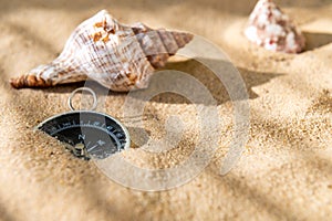 Compass and seashells on the sand at the beach. Compass on the sea sand