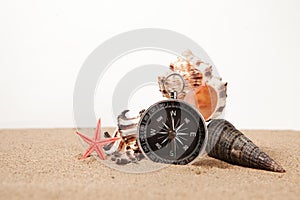 Compass, seastar and seashells in sand closeup