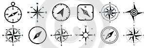 Compass set icons, navigation equipment sign, flat nautical chart wind rose icon, north, east, south, west, compass symbol