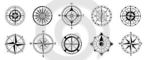 Compass set. Marine wind roses clipart. Navigation icons, nautical monochrome compasses for navigational service, decent