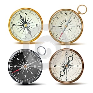 Compass Set Vector. Different Colored Compasses. Navigation Realistic Object Sign. Retro Style. Wind Rose. Isolated On
