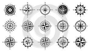 Compass sign. Navigation and direction icons, cartography and topography symbols, nautical and marine instruments, north