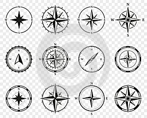 Compass Silhouette Icon Set. Adventure Direction to North, South, West, East Solid Sign.Navigational Orientation