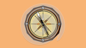 Compass spinning 4K animation. Geography navigation pointing equipment with magnetic hand, wind rose and guide scale. Old GPS naut