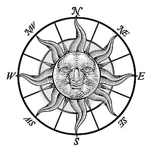Compass Sun Face Etching Rose Woodcut Drawing