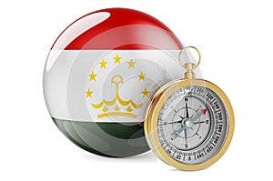 Compass with Tajik flag. Travel and tourism in Tajikistan concept. 3D rendering