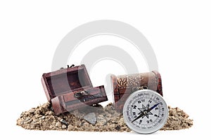 Compass with treasure Chest on the soil ,white background.