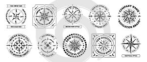 Compass vintage logo. Travel and explore cartography symbol, emblems with wind rose and direction arrows. Vector set