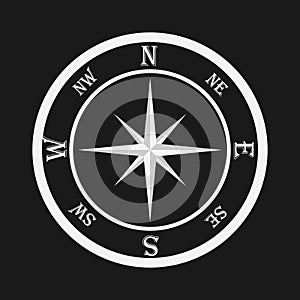 Compass, white compass on a black background. Compass icon.