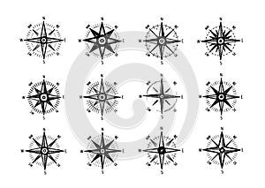 Compass, wind rose icon set. Marine navigation symbol. Sketch vector illustration