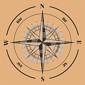 Compass. Wind rose with north orientation, sea navigational equipment antique logo. Cartographic and geographic contour photo