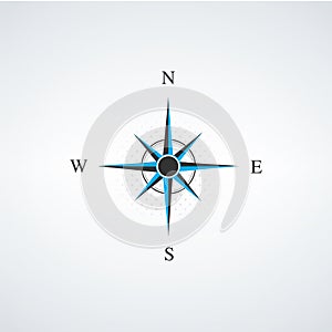 Compass wind rose, windrose icon. Navigational instrument showing direction with arrow on round face, eight principal winds,