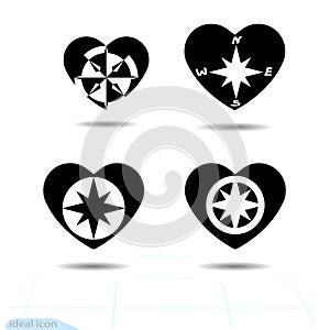 Compass WINDROSE icon flat. Heart black Template. A simple icon on a background of heart. Vector illustration symbol. Saint Valent