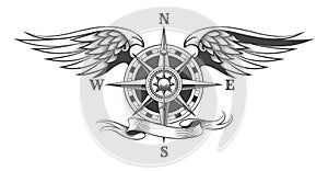 Compass with Wings and Banner Tattoo in Engraving Style