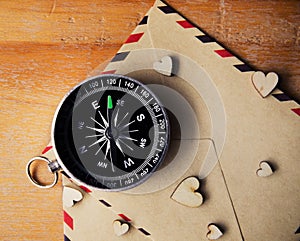 Compass on wooden background with space for text