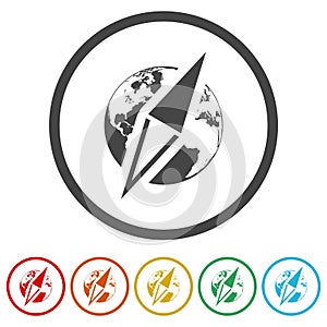 Compass on world map ring icon, color set