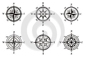 Compasses isolated icons, Rose of wind, nautical navigation