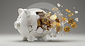 Golden Bitcoin bursts from a cracking piggy bank