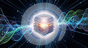 Futuristic core processing data waves in cyberspace