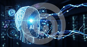 AI digital mind processing data in a server room