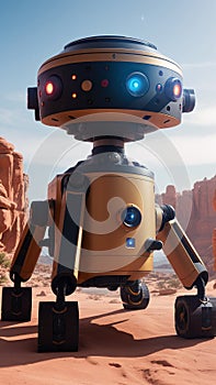 A Compelling Looking Robot Standing In A Desert Area With A Rock Formation In The Background AI Generative