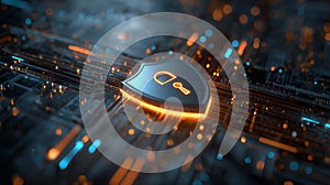 Digital Lock Shield Microchip Security. Hardware Level Protection with Cryptographic Key Access Control, 3D Render 4K.