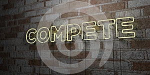 COMPETE - Glowing Neon Sign on stonework wall - 3D rendered royalty free stock illustration