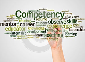 Competency word cloud and hand with marker concept photo