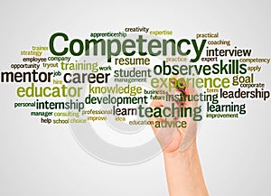 Competency word cloud and hand with marker concept