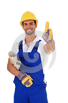 Competent construction worker showing thumbs up