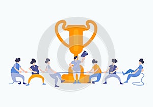 Competition business vector flat illustration. Concept of people playing game of tug of war. Two teams against each other in a