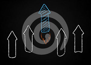 Competition concept. Arrow rocket with flaming outpacing others on black background. Illustration