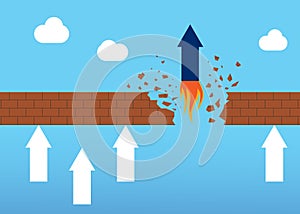 Competition concept. Arrows stuck near brick barrier and blue one breaking it. Illustration