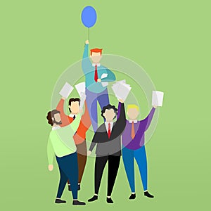 Competition concept. Office worker and one with balloon rising on light green background. Illustration