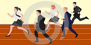 Competition concept. Office workers racing on running track and one woman outpacing. Illustration