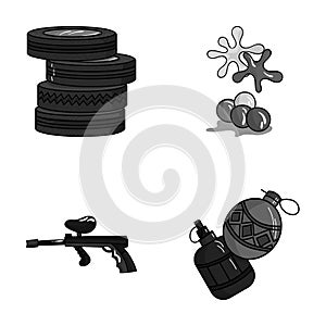 Competition, contest, equipment, tires .Paintball set collection icons in monochrome style vector symbol stock