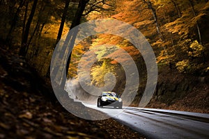 Competition, energy and motorsport concept. Auto racing on fall nature background