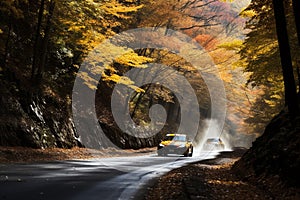 Competition, energy and motorsport concept. Auto racing on fall nature background