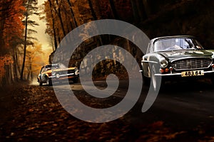 Competition, energy and motorsport concept. Auto racing on fall nature background