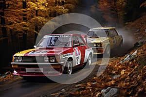 Competition, energy and motorsport concept. Auto racing on fall nature background