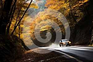 Competition, energy and motorsport concept. Auto racing on fall nature background