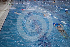 Competition swimming pool crowded of swimmers training.