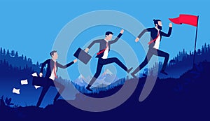 Competition - Three businessmen running up hill to reach goal and be the best