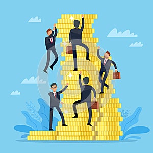 Competition to reach the top. Businessmen climbing on golden coins stack. Successful career growth. Achieve the goals