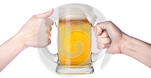 Competition of two human hands with beer in glass