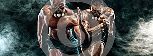 Competition of two strong athletic men sprinters in training mask, running, fitness and sport motivation. Runner concept with copy