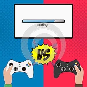 Competition in the video game. Hands hold gamepad. Vector illustration.